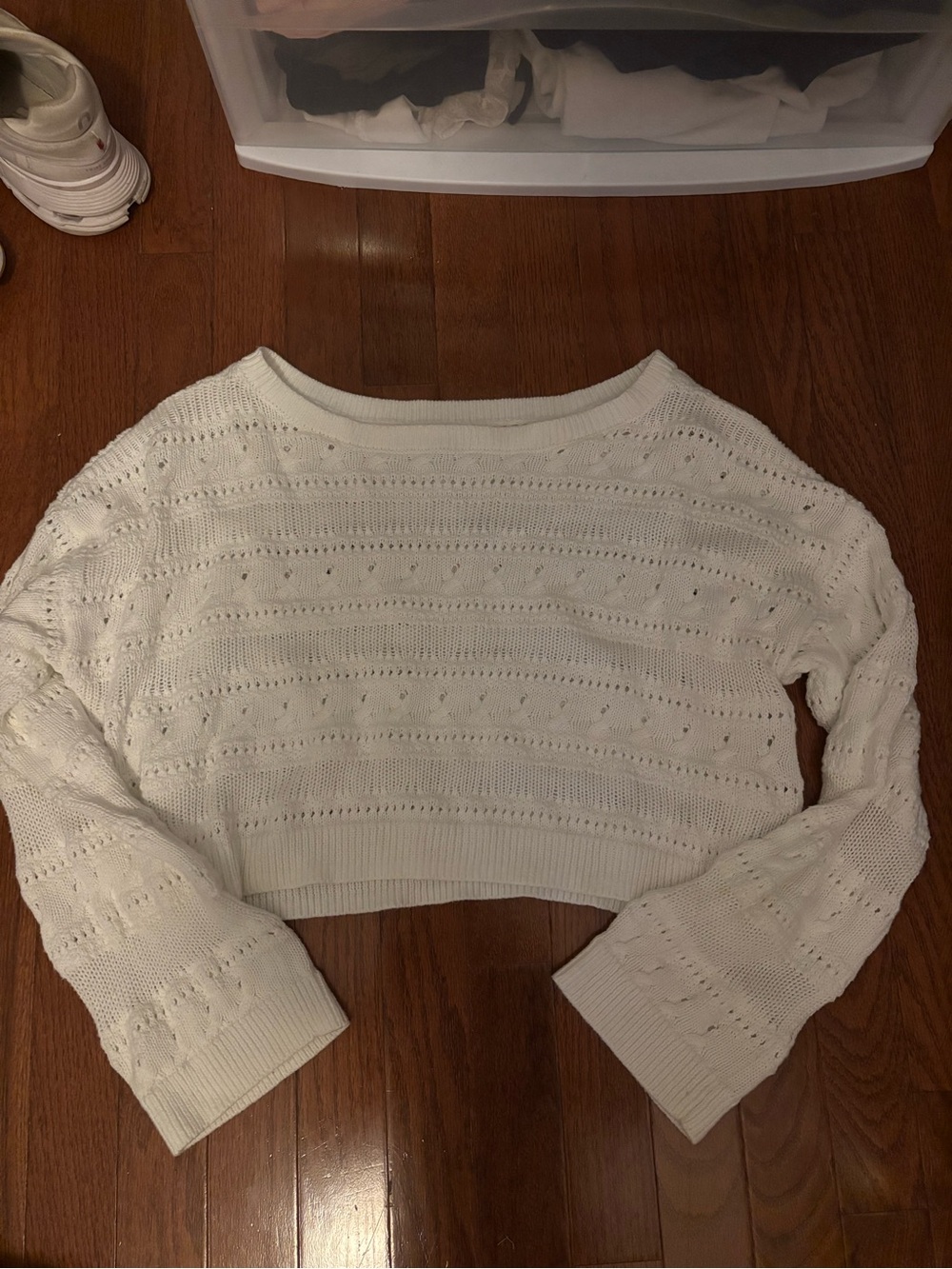 Hollister White Cropped Open-Knit Boatneck Sweater
